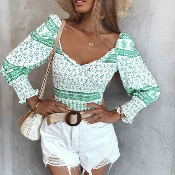 BOHO DOLLZ Disty Floral Print Blouse - GREEN *more - Picture 5 of 6